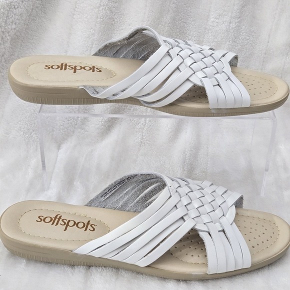 Softspots White Woven Leather Slide Flat Sandal Sz‎ 8N Beach Coastal Summer Shoe - Picture 4 of 7